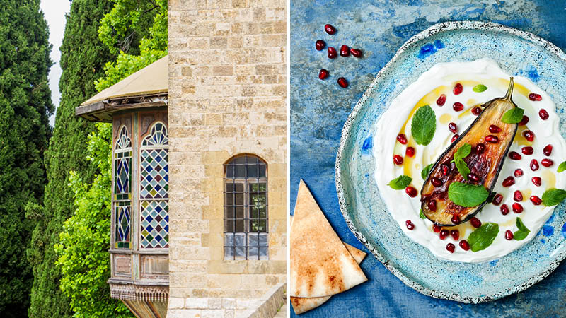 Libanesisk mat och arkitektur p en resa till Beirut i Libanon.